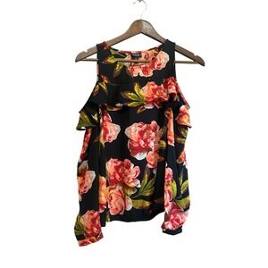 a.n.a Petite Black Floral Print Cold Shoulder Ruffle Long Sleeve Top PS‎